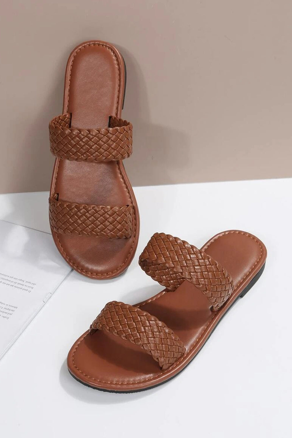 Chestnut Braided Double Band Leather Flat Slides Shoes