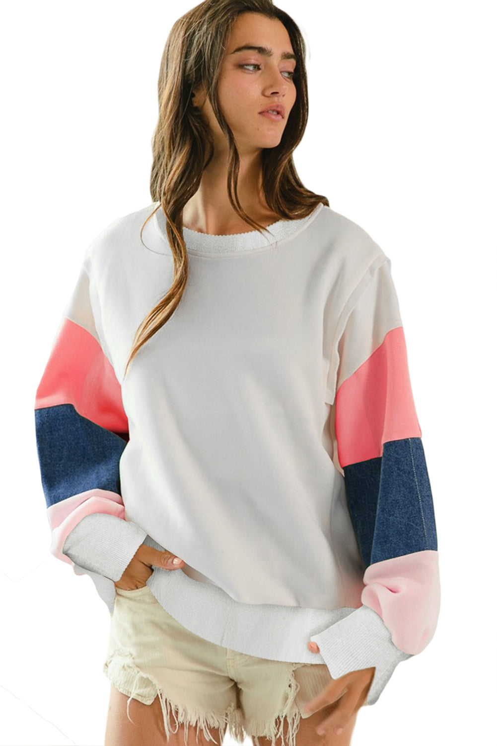 White Color Block Sleeve Ribbed Trim Long Sleeve Top