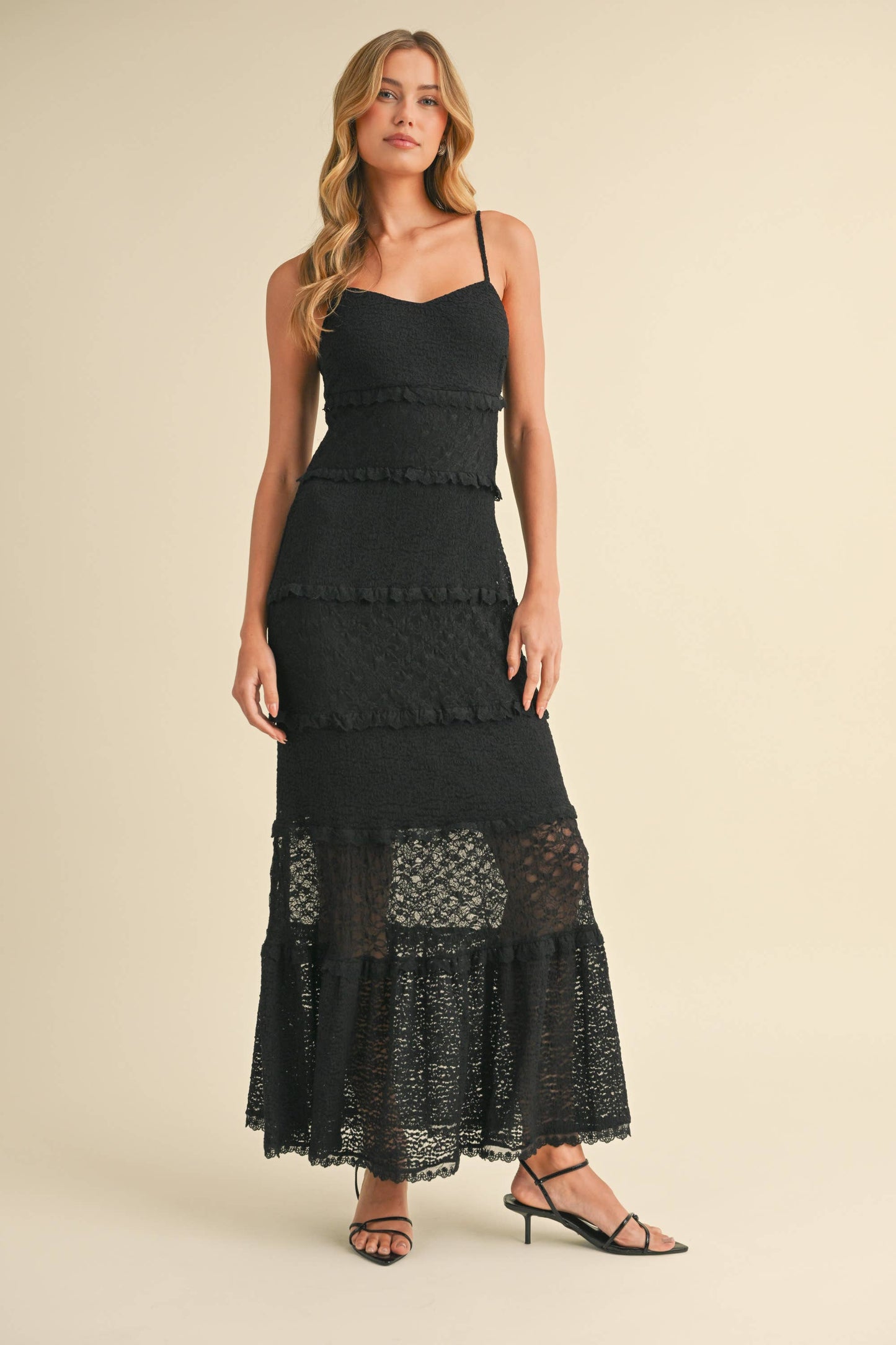 ID8566  TIERED RUFFLED LACE MAXI DRESS WITH PARTIAL LINING