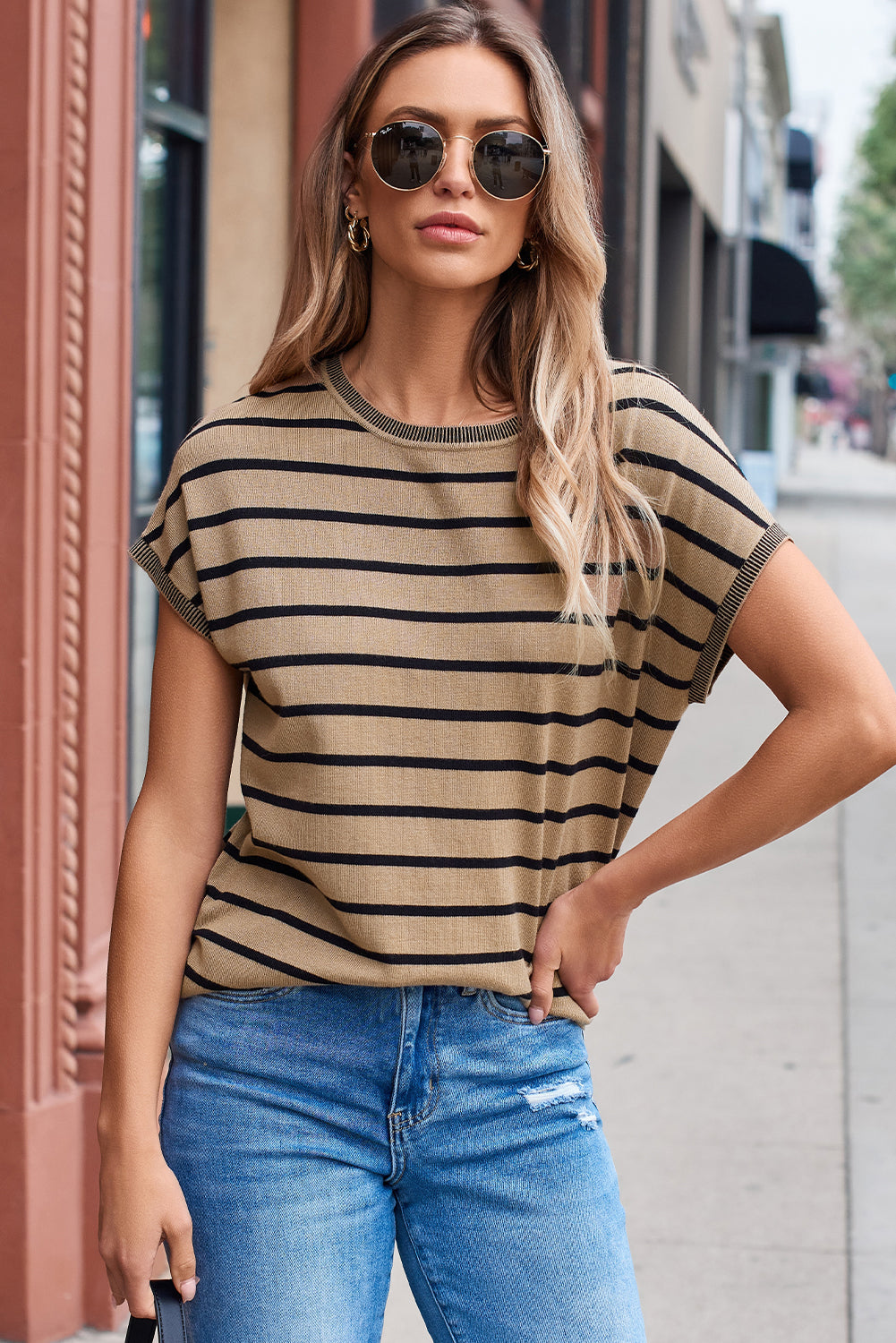 Khaki Stripe Knitted Dolman T Shirt