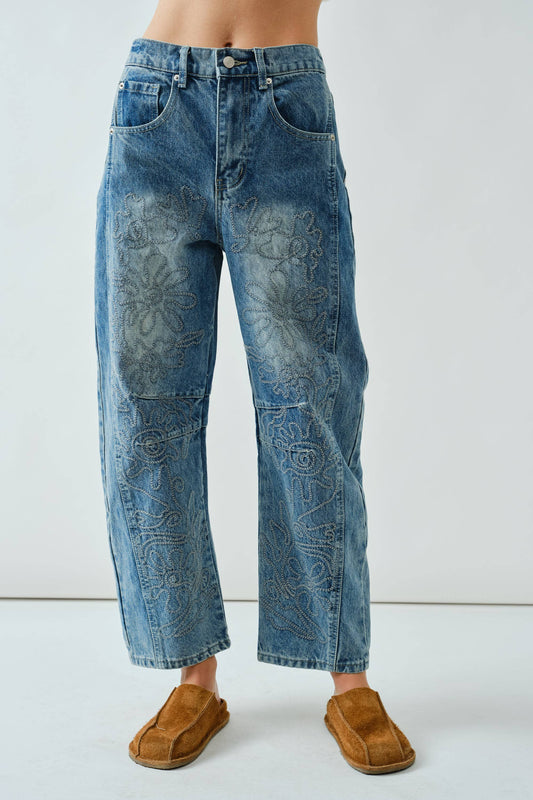 EMBROIDERED DETAIL COTTON BARREL PANTS