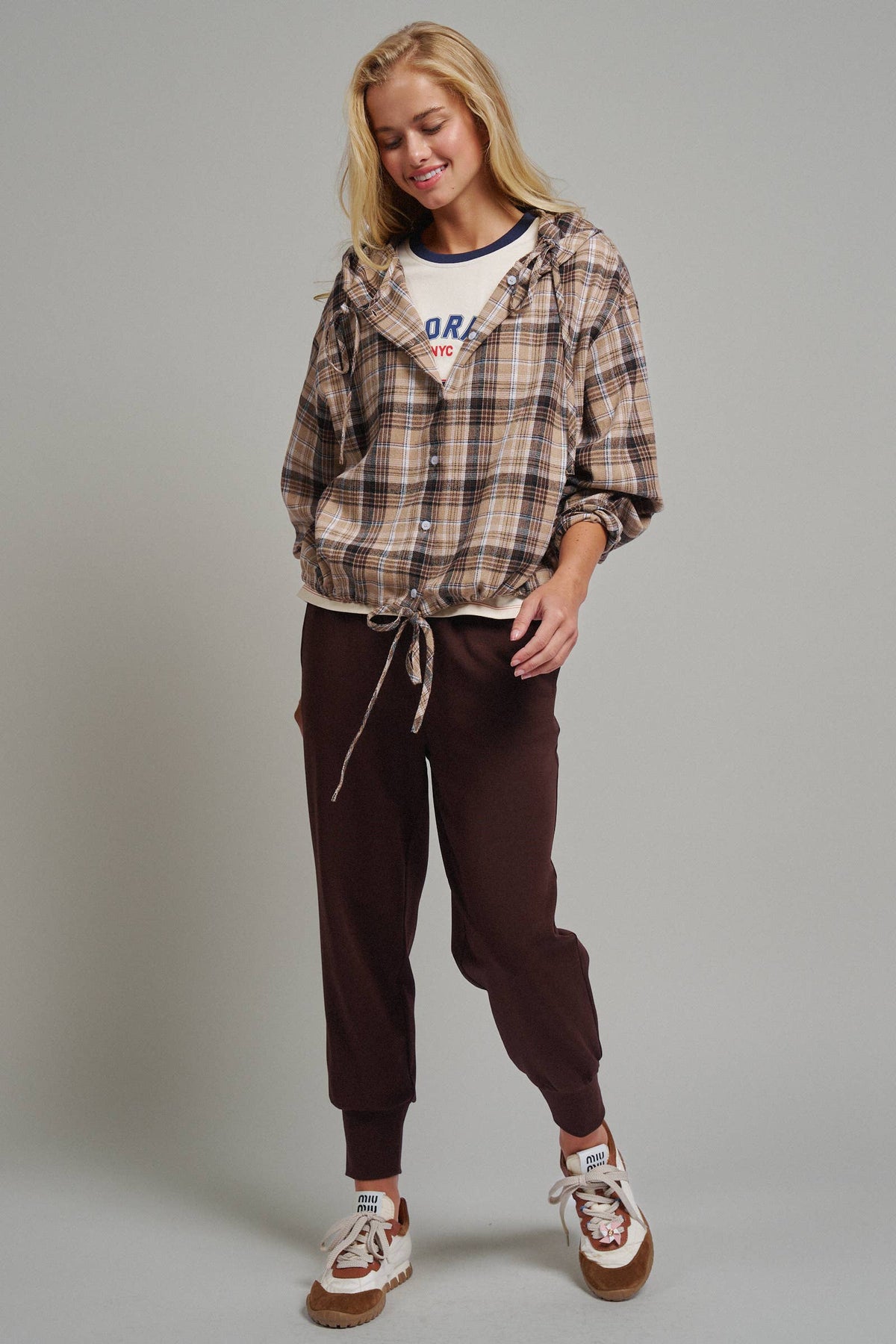 Plaid Flannel Hooded Shacket with Drawstring Hem