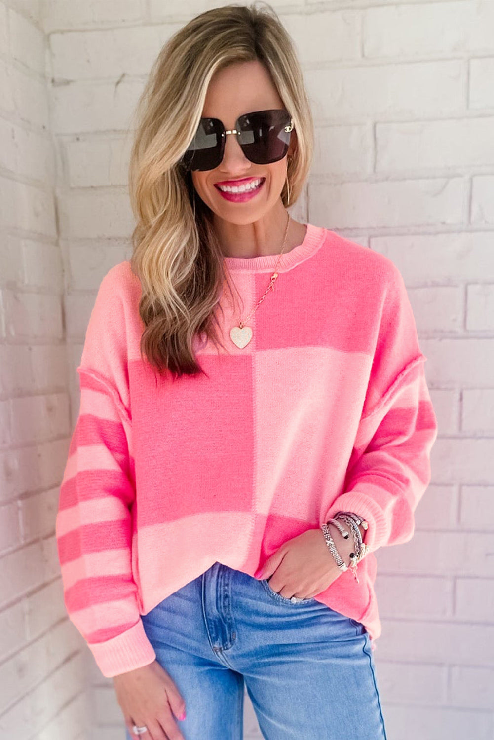 Pink Checkered Color Block Striped High Low Sweater