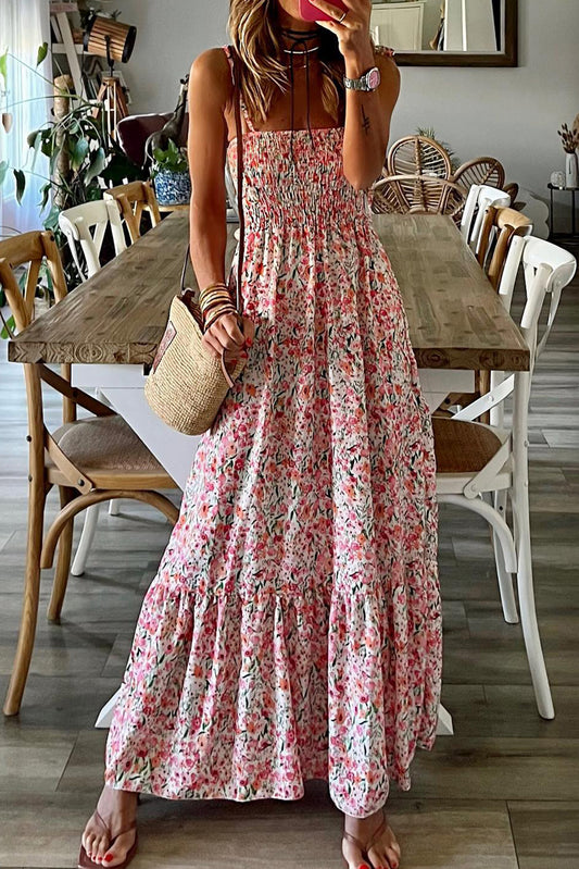 White Boho Floral Self-tie Smocked Ruffle Maxi Dress