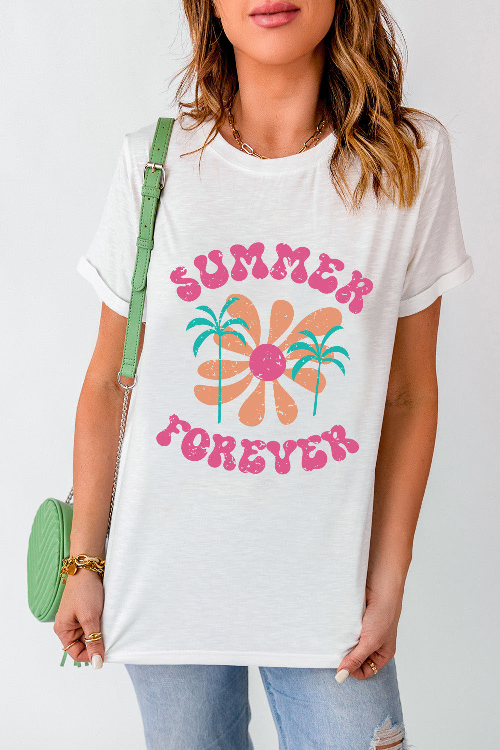 White Summer Forever Flower Graphic Tunic T Shirt