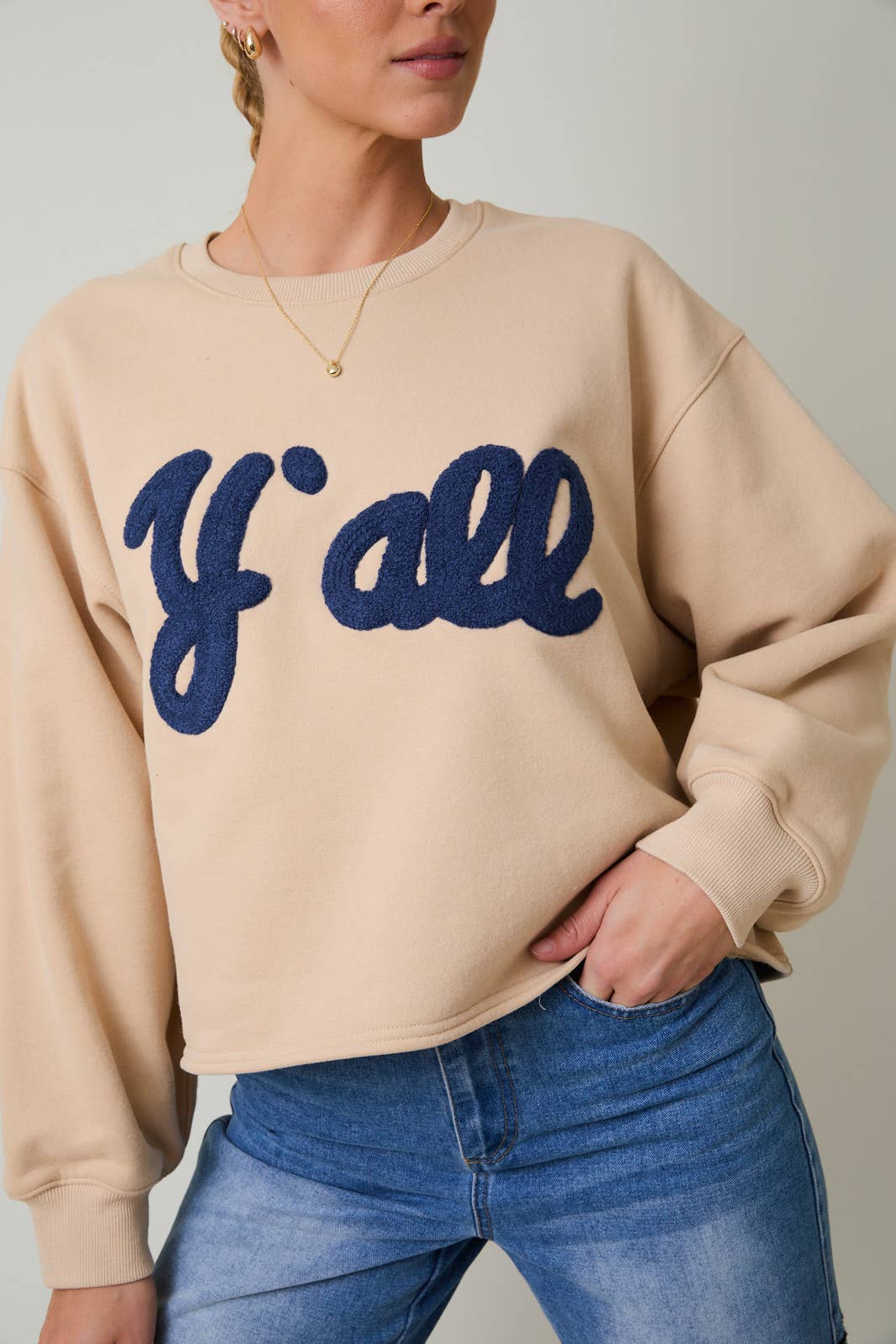 CREW NECK "Y'ALL" FLOCKED SWEATSHIRT