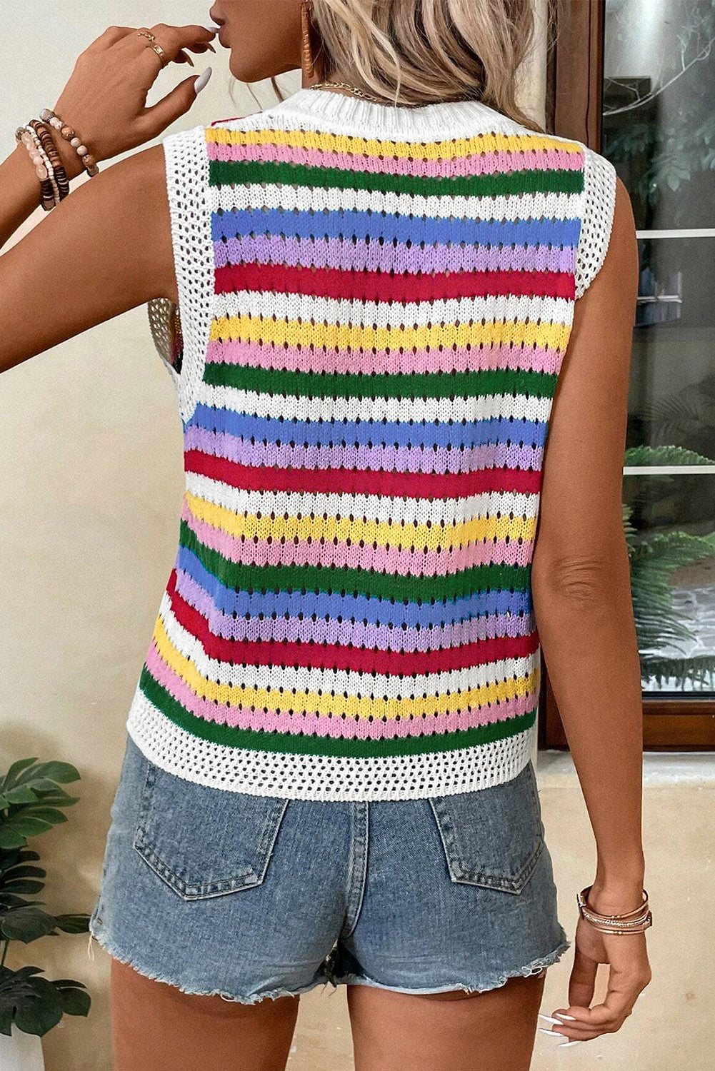 Multicolour Striped Cutout Knit Tank Top