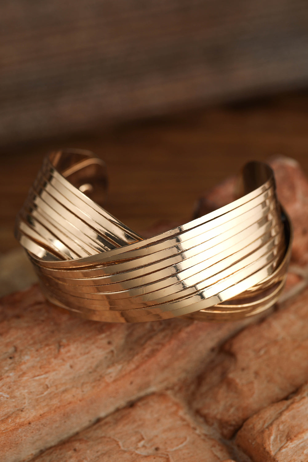 Gold Textured Crossover Metal Cuff Wide Bracelet