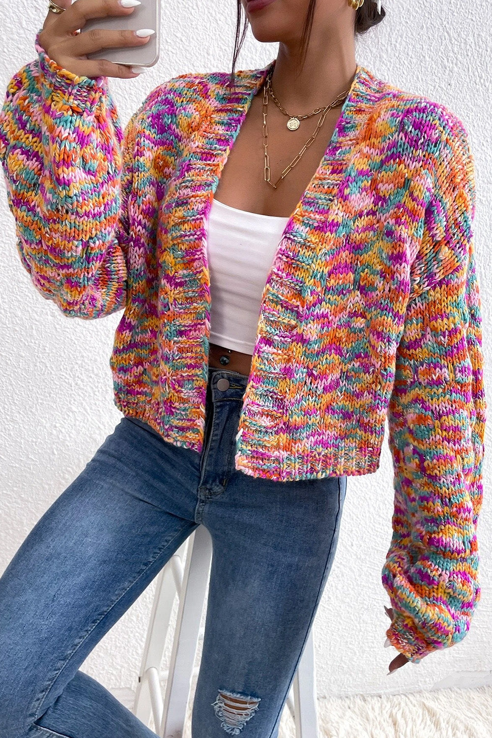 Pink Colorful Drop Shoulder Cropped Cardigan