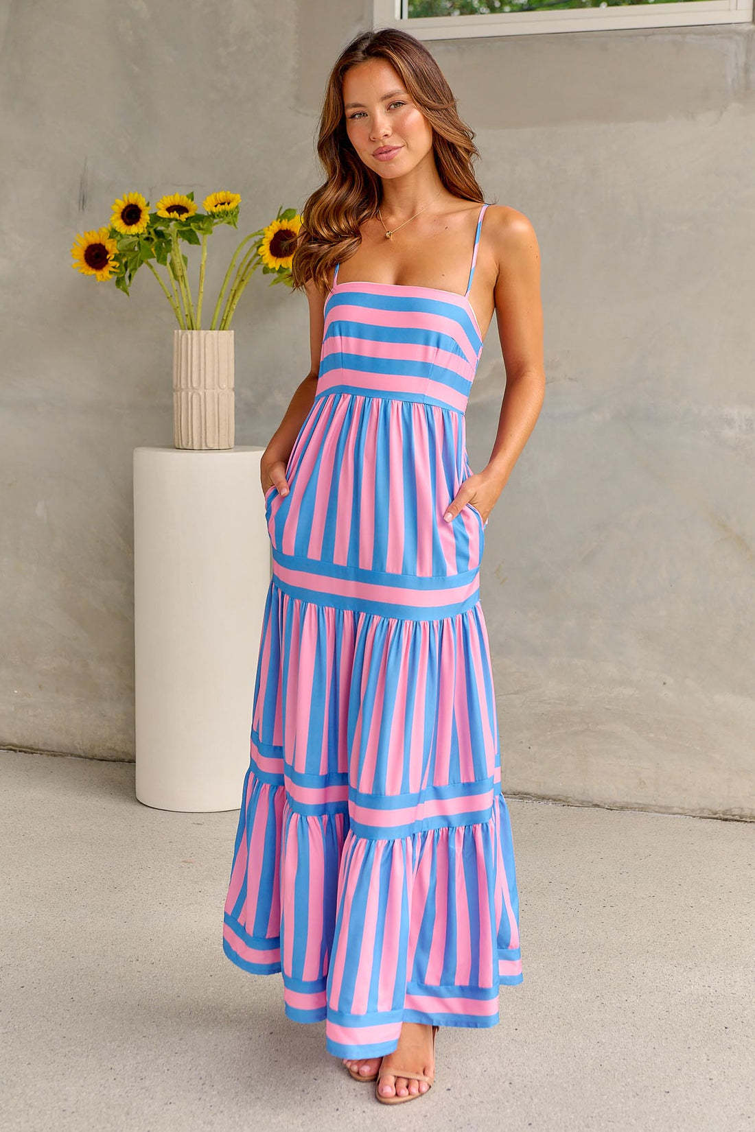 Pink Stripe Print Shirred Backless Pocket Maxi Dress