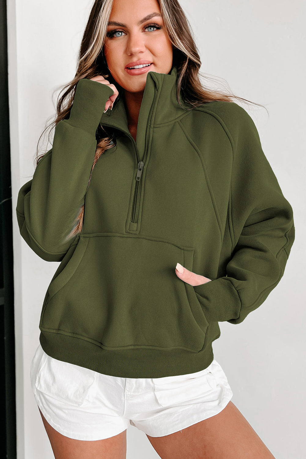 Parchment Quarter Zip Stand Neck Kangaroo Pocket Sweatshirt