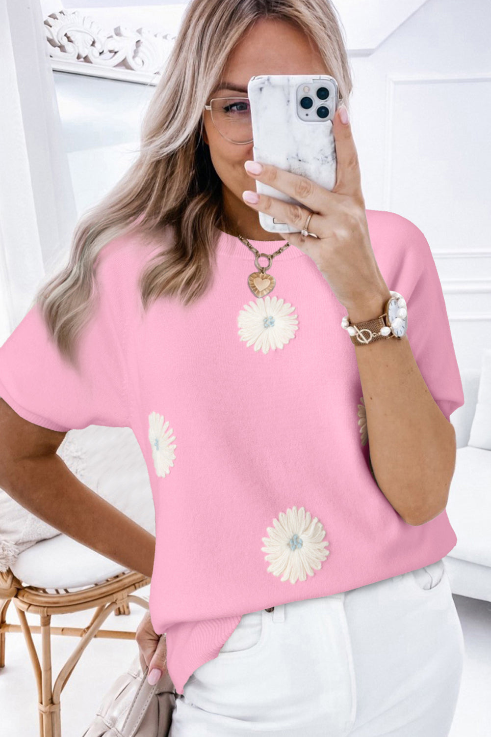 Pink Flower Pattern Puff Short Sleeve Sweater