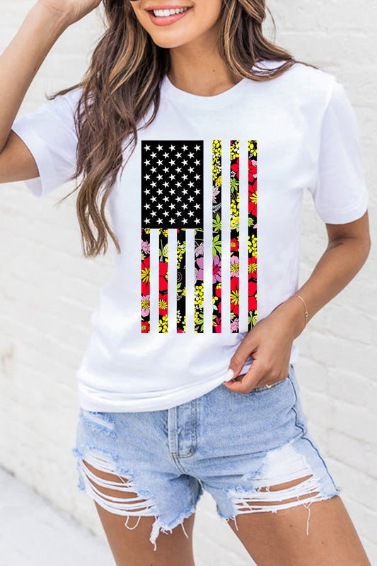 White Floral American Flag Graphic Round Neck T Shirt