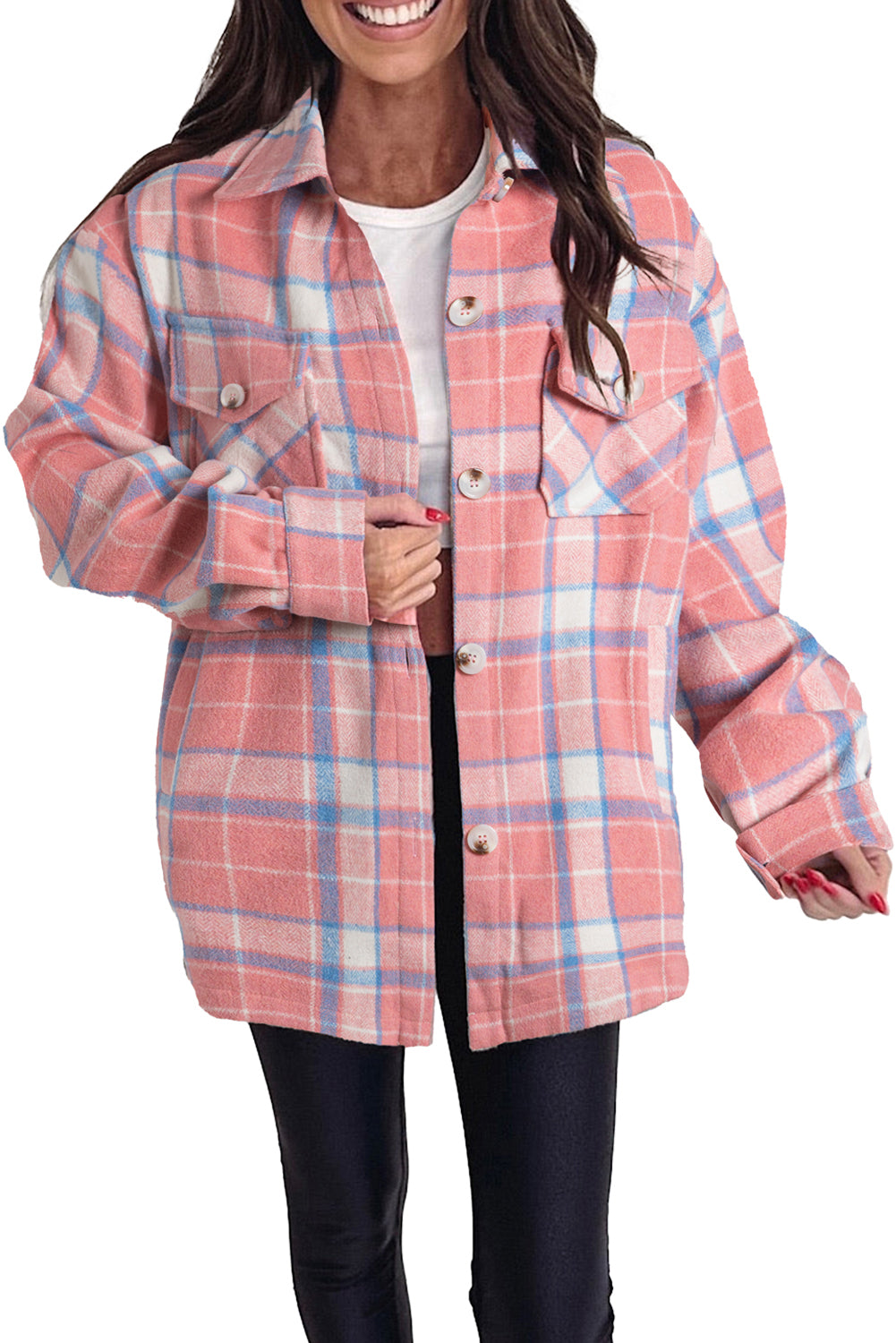 Pink Plaid Flap Pocket Button Up Shacket