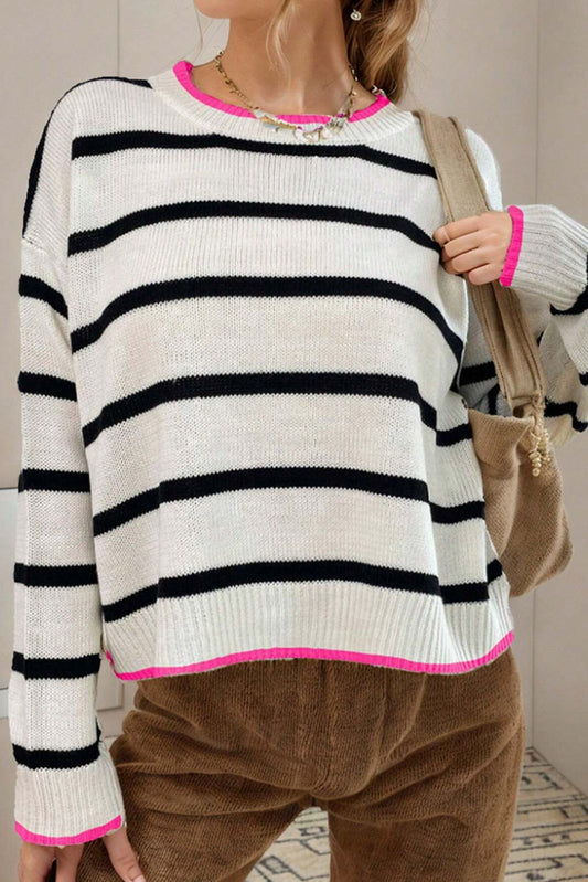 White Stripe Contrast Trim Drop Shoulder Sweater