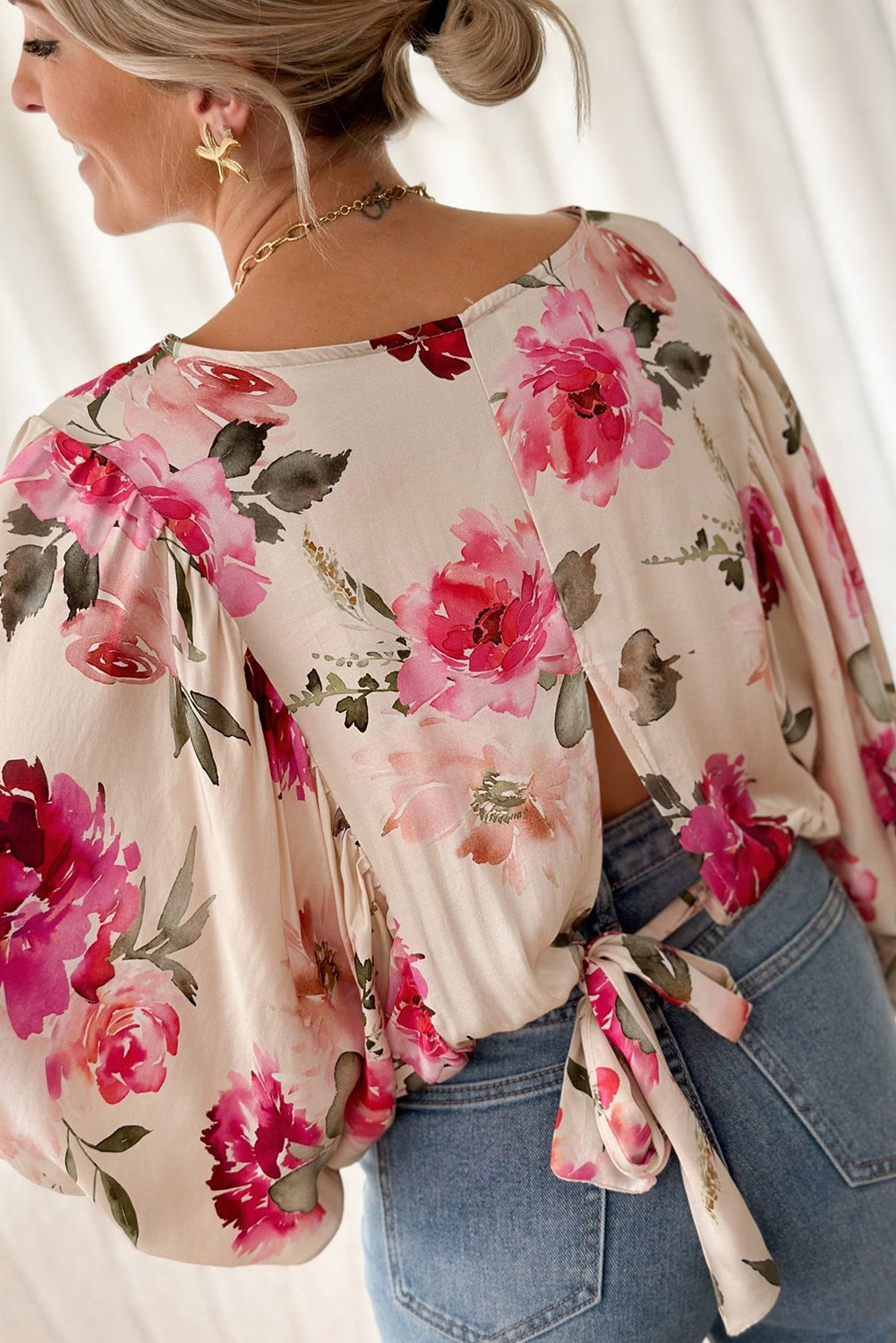 Rose Floral 3/4 Sleeve Lace-up Back Blouse