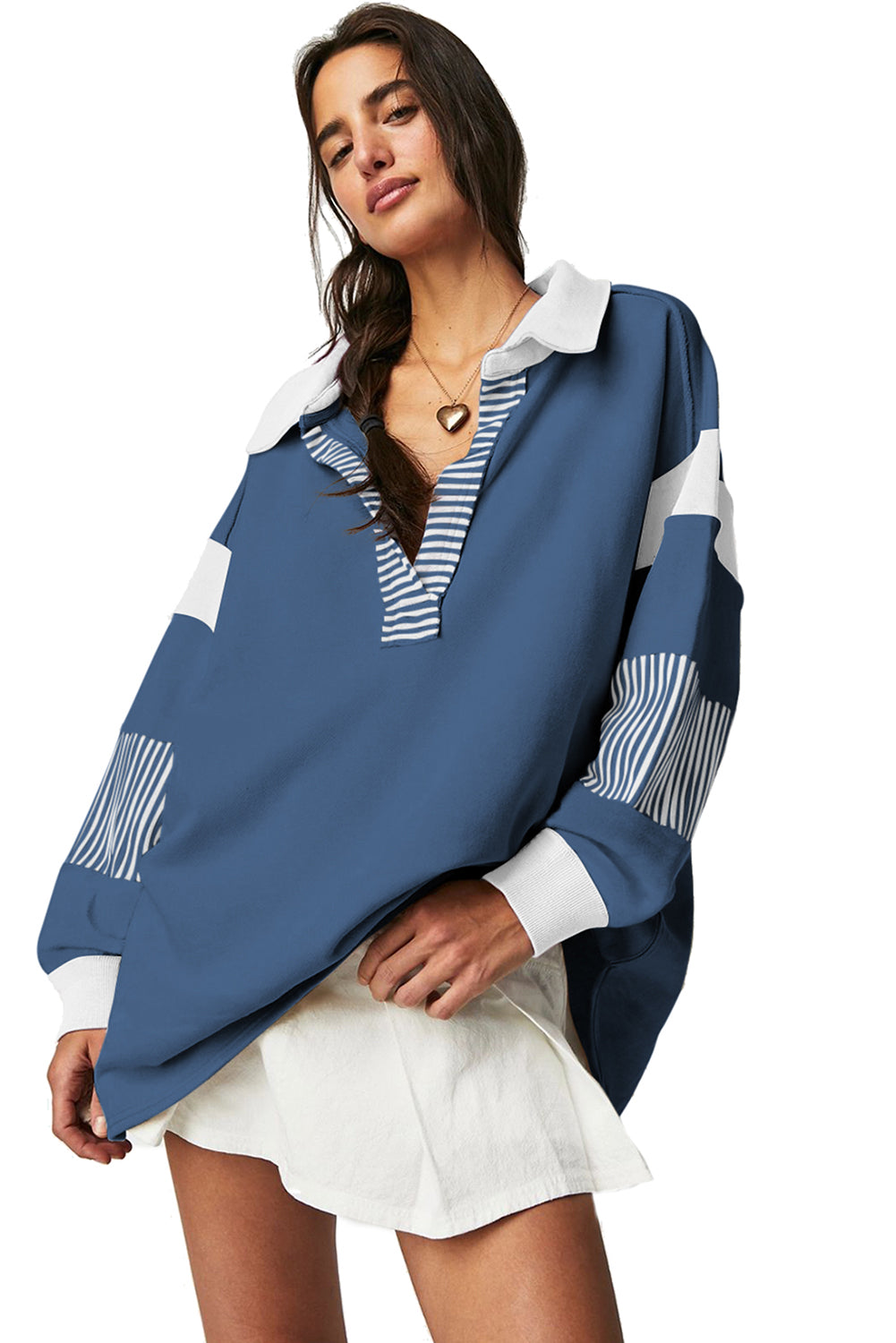 Sail Blue Striped Patchwork Collar Sweatshirt