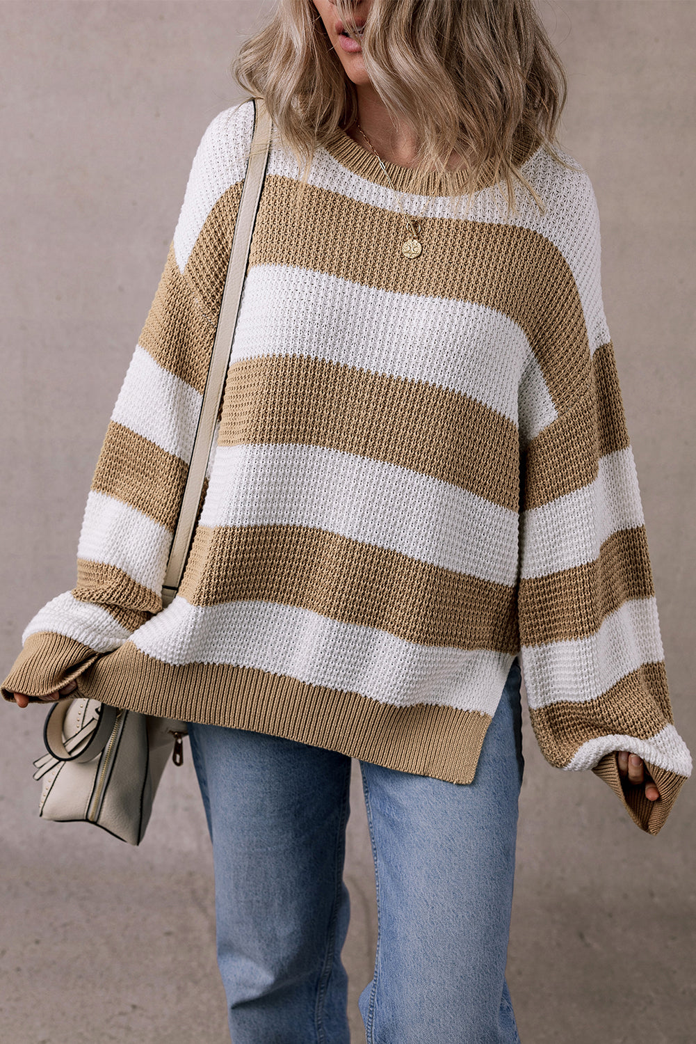 Light French Beige Striped Drop Shoulder Side Slit Sweater