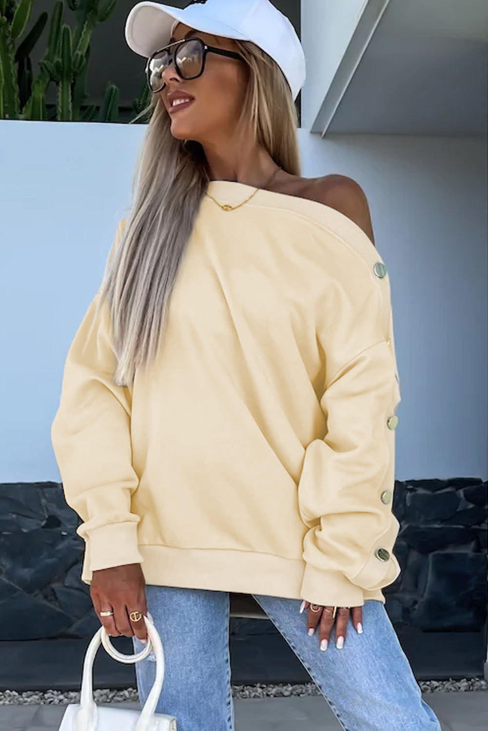 Beige Buttoned Sleeve Asymmetric Neck Oversized Sweatshirt