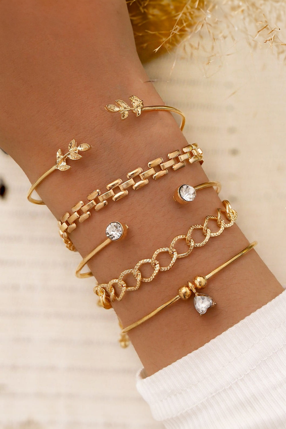 Gold Leaves Heart Shape Rhinestone Inlay Adjustable Bracelet Set