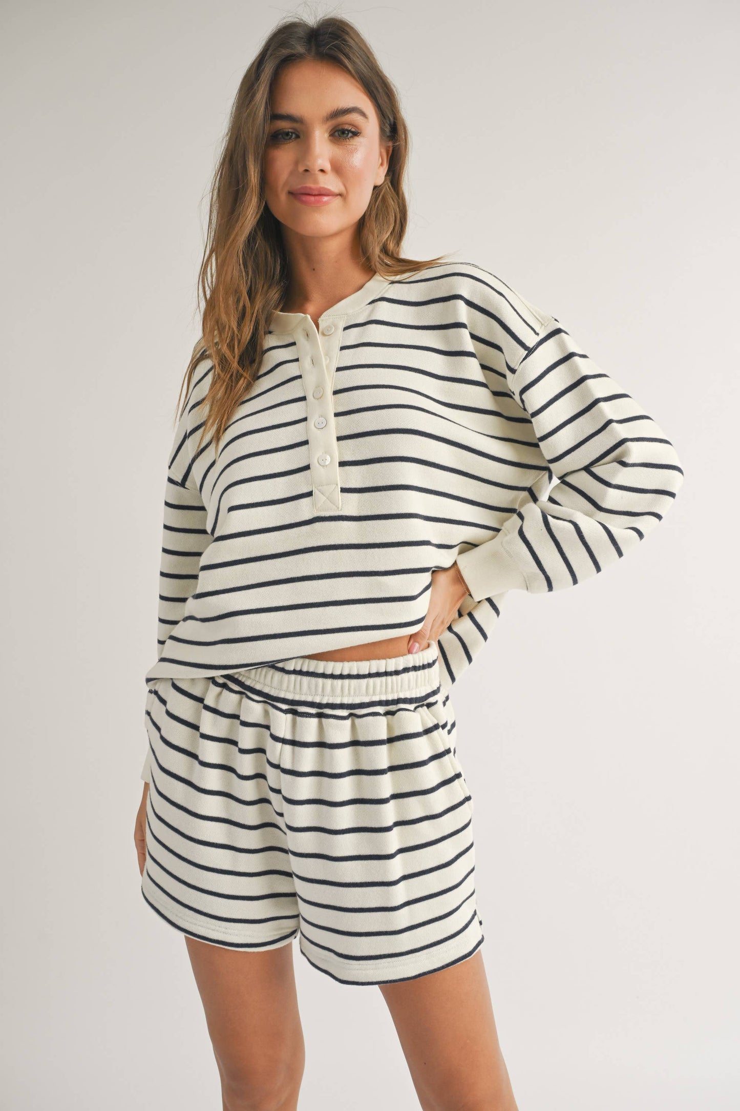 STRIPED TERRY FABRIC HALF BUTTON TOP