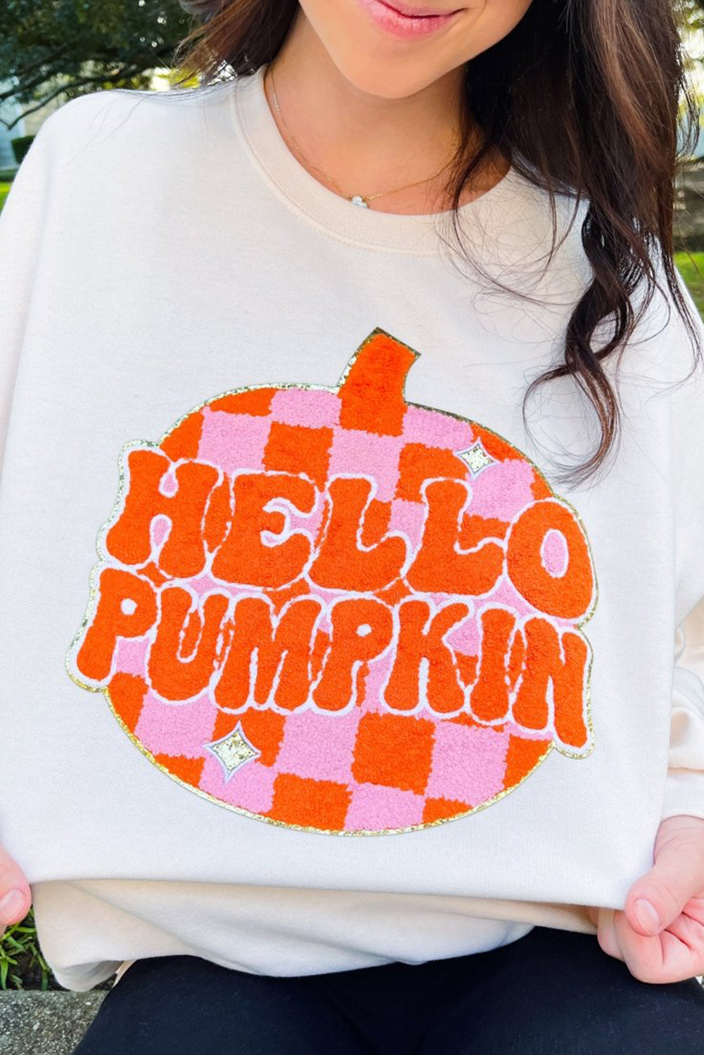 White Halloween Hello Pumpkin Patched Pullover Sweatshirt