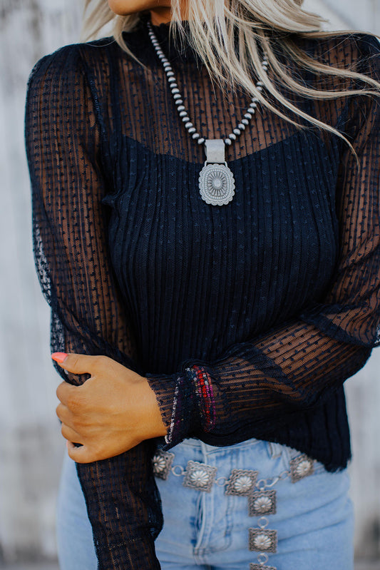 Black Dotty Lace Long Sleeve Mock Neck Sheer Top