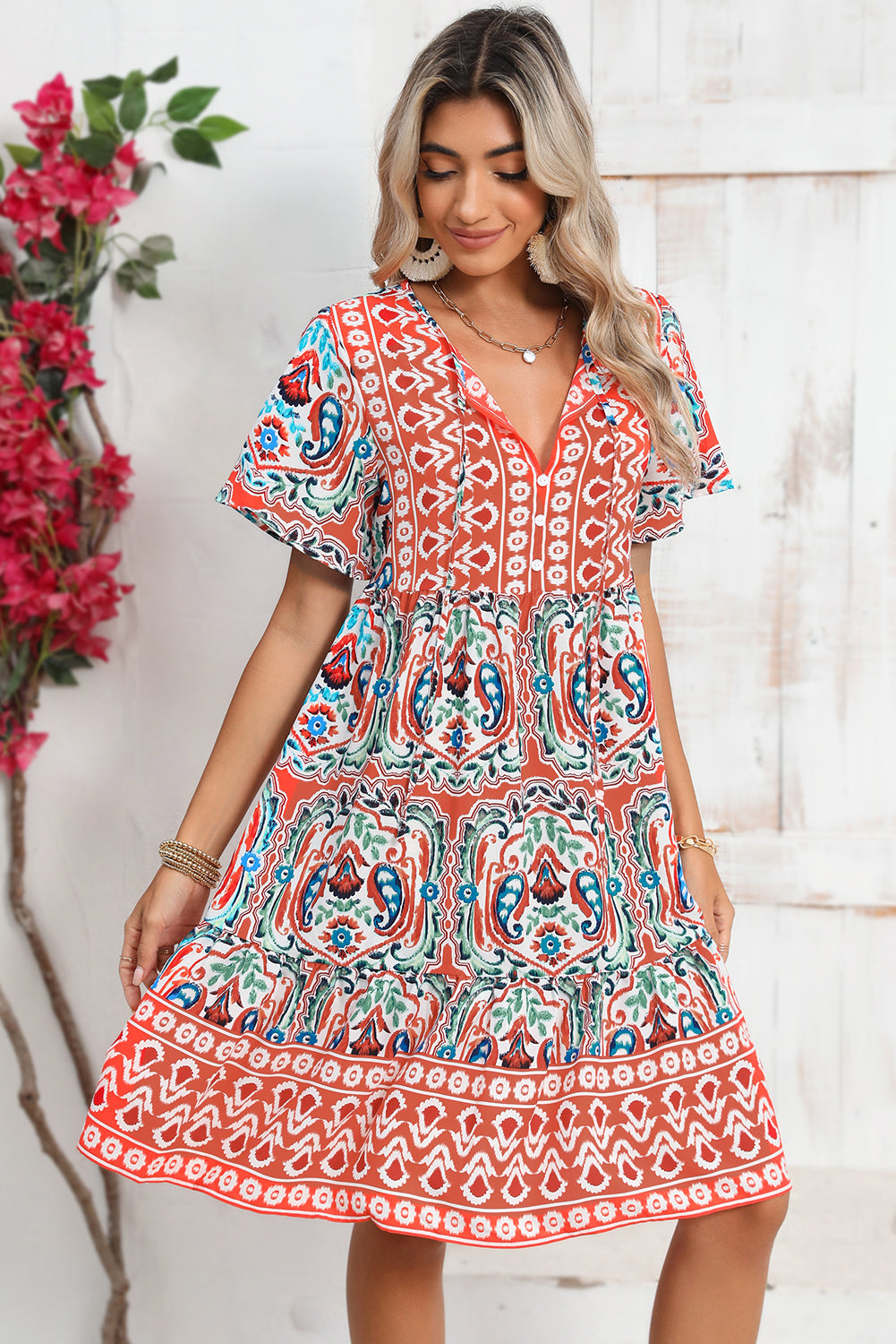 Pink Bohemian Tie Neck Flounce Sleeve Ruffle Hem Mini Dress