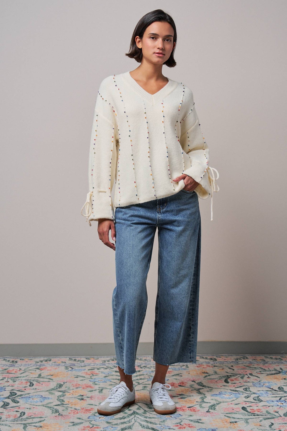 Multicolor Dot Stitch V-Neck Tie Sleeve Sweater