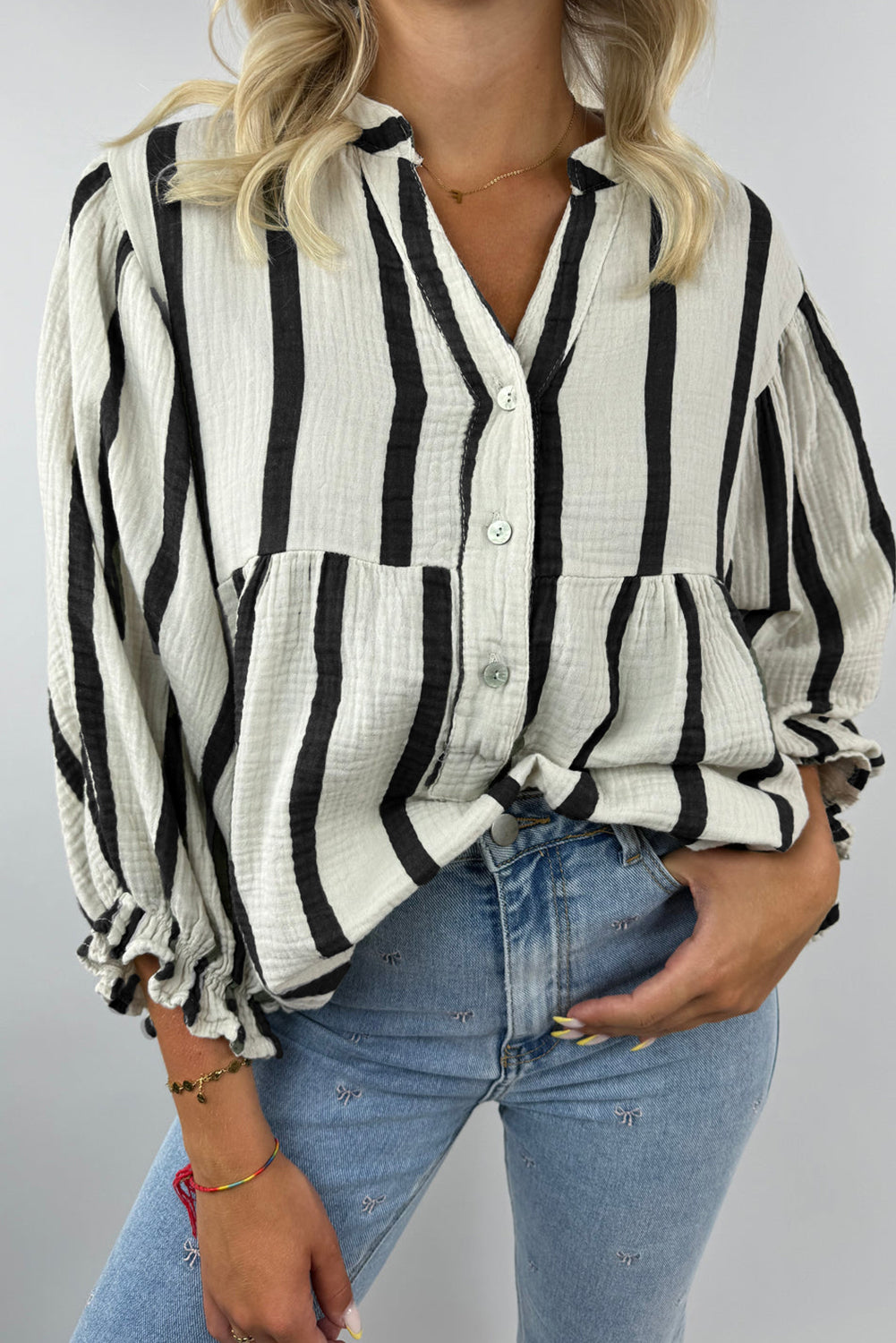 Black Stripe Crinkle Ruffle Sleeve Button Loose Top