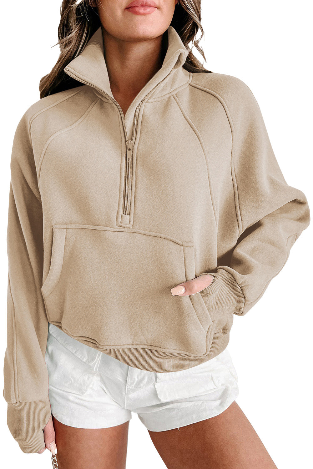 Brown Zip Up Stand Collar Thumbhole Sleeve Sweatshirt