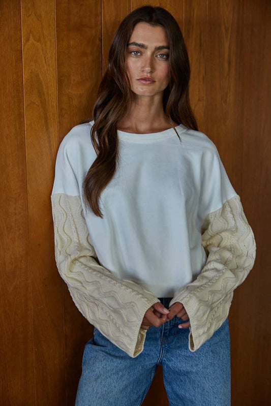 Knit Sweater Cotton Cable Knit Sleeve Pullover