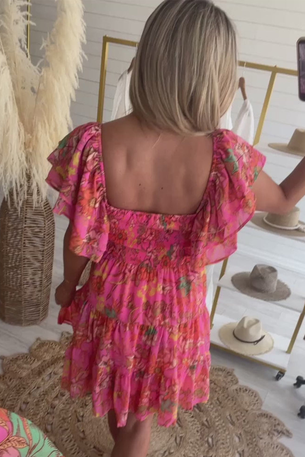 Pink Floral Print Square Neck Ruffle Sleeve Tiered Dress