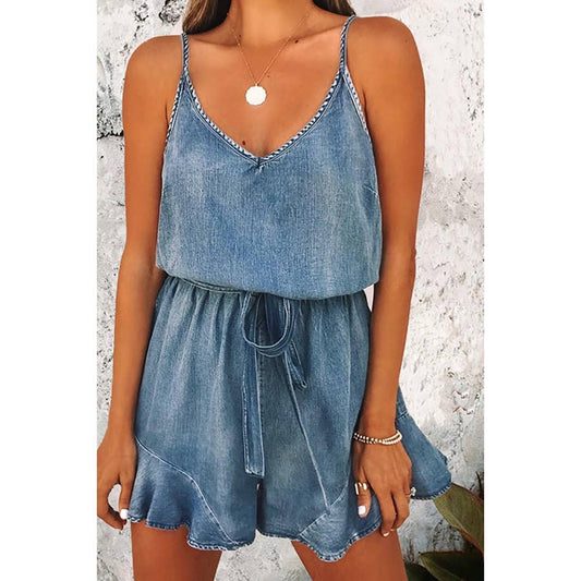 Street Cotton Denim Distressed Suspender Romper