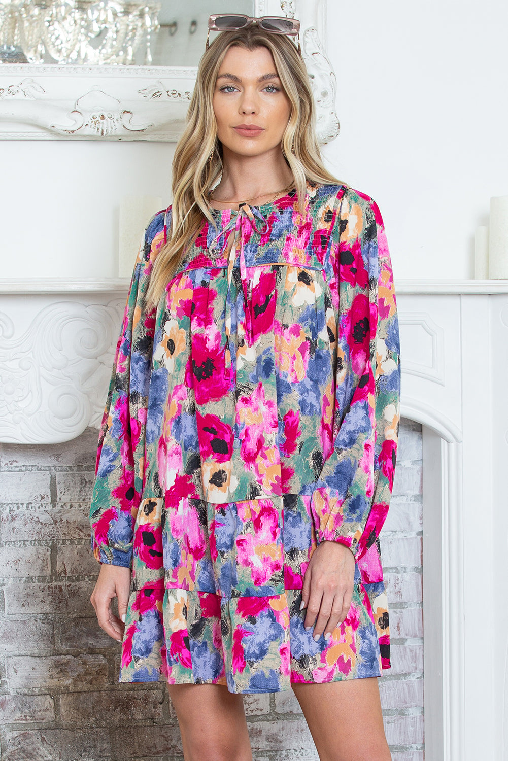 Multicolor Boho Floral Print Tie Neck Smocked Dress