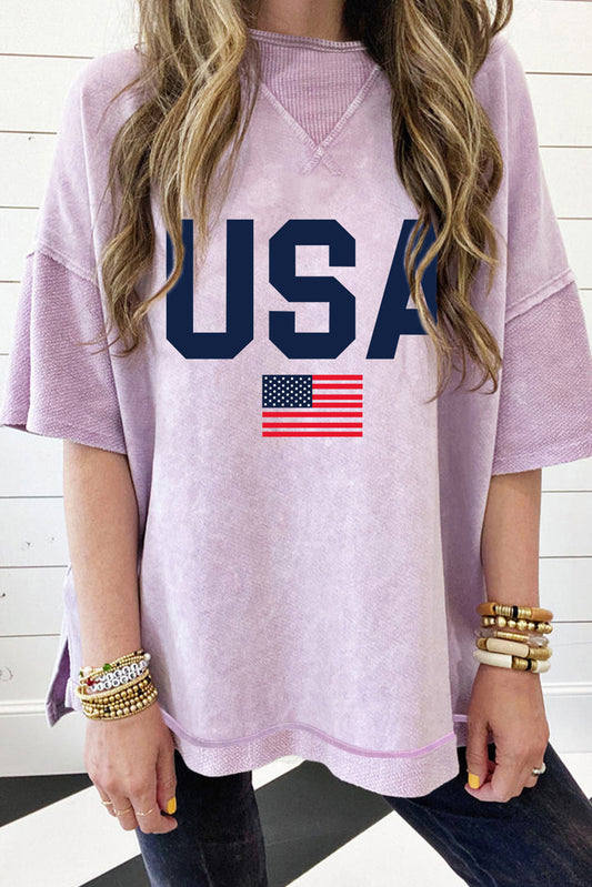 Orchid Petal Acid Wash USA Flag Graphic Drop Sleeve T Shirt