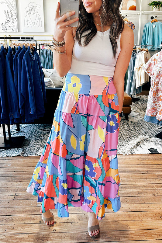 Pink Abstract Print Pocketed High Waist Maxi Skirt