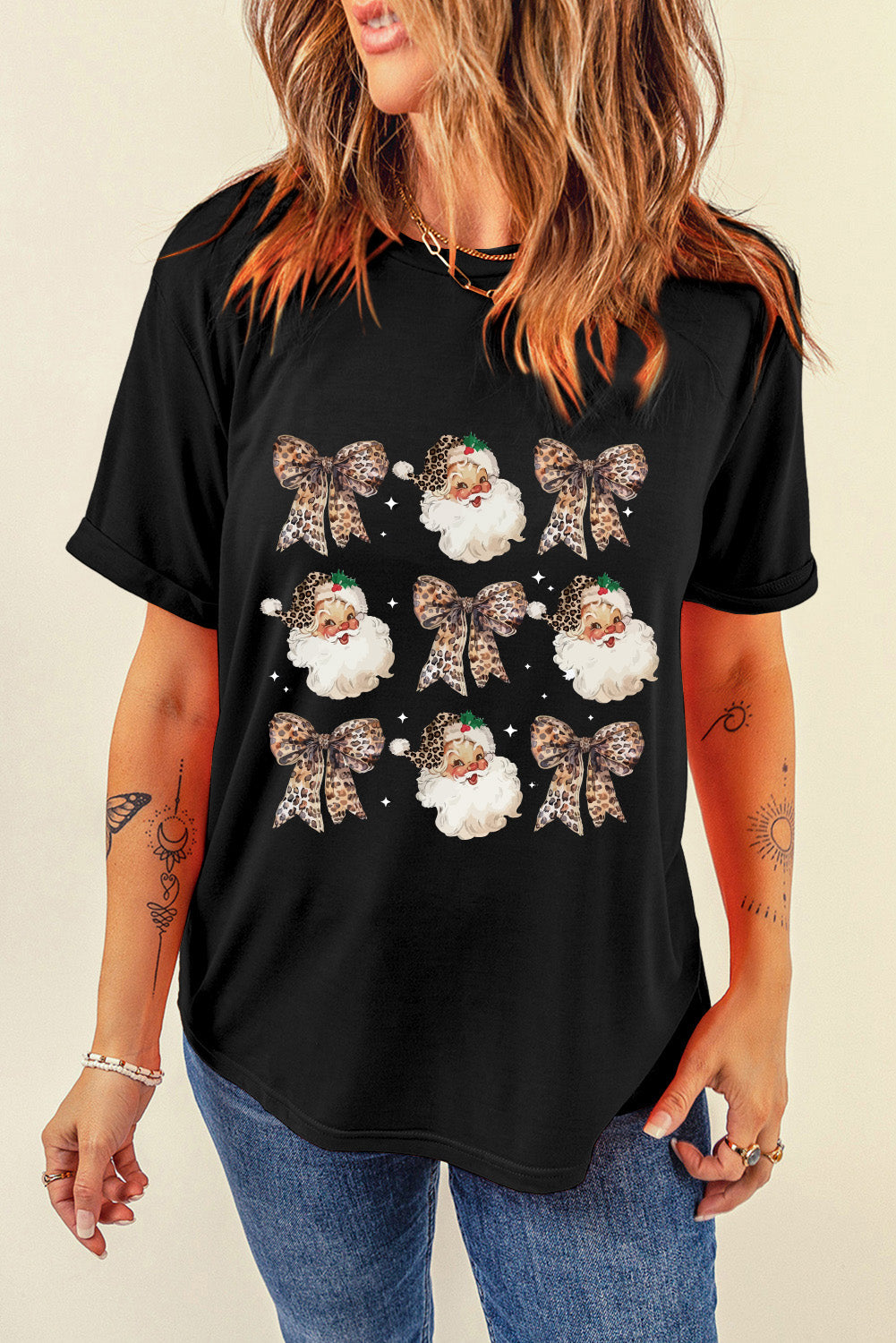 White Santa Claus Leopard Bow Print Crew Neck Graphic T Shirt