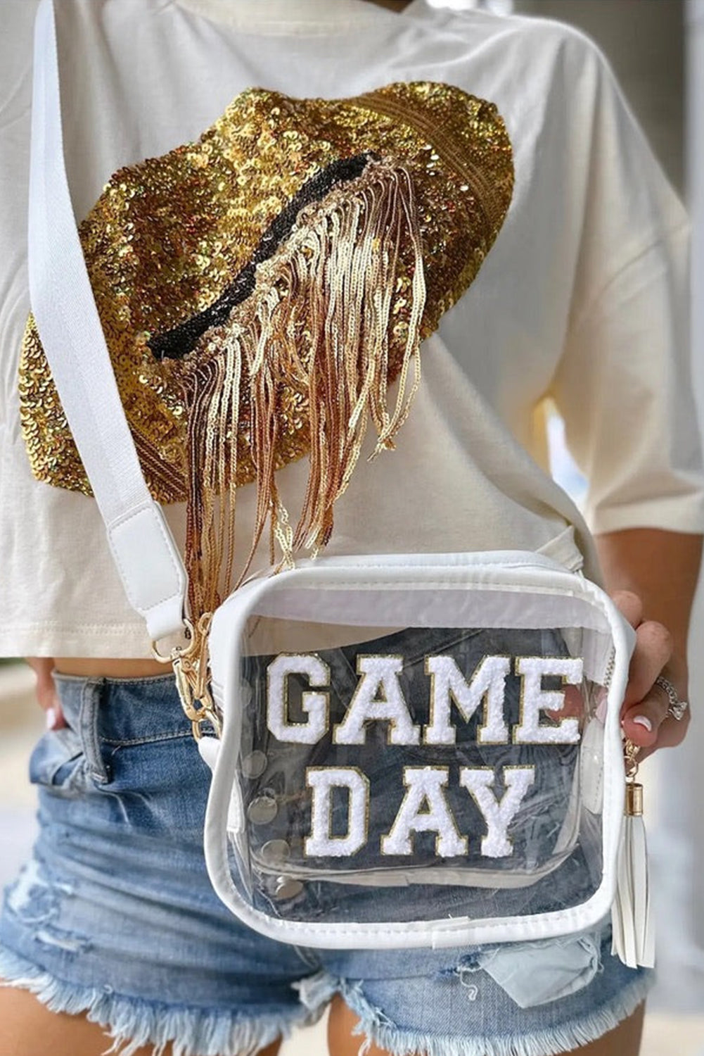 White Chenille GAME DAY Pattern Clear Shoulder Bag