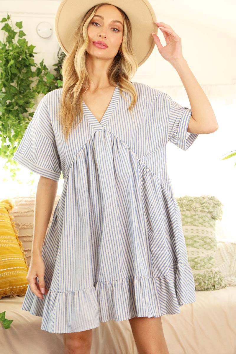 V-Neck Striped 100% Cotton Tiered Woven Dress