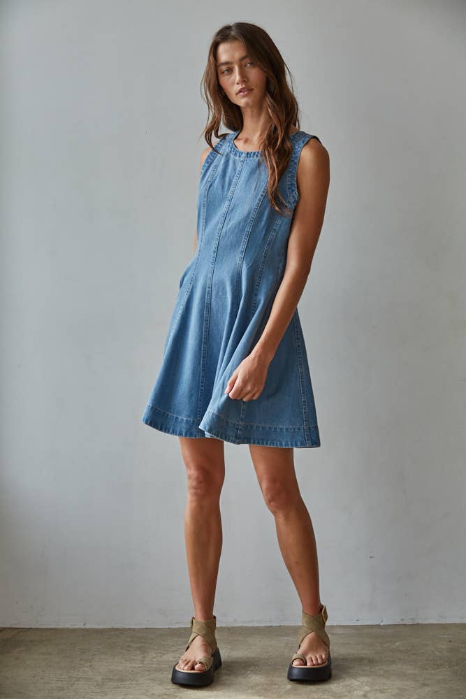 Denim Cotton Lyocell Round Neck Sleeveless Mini