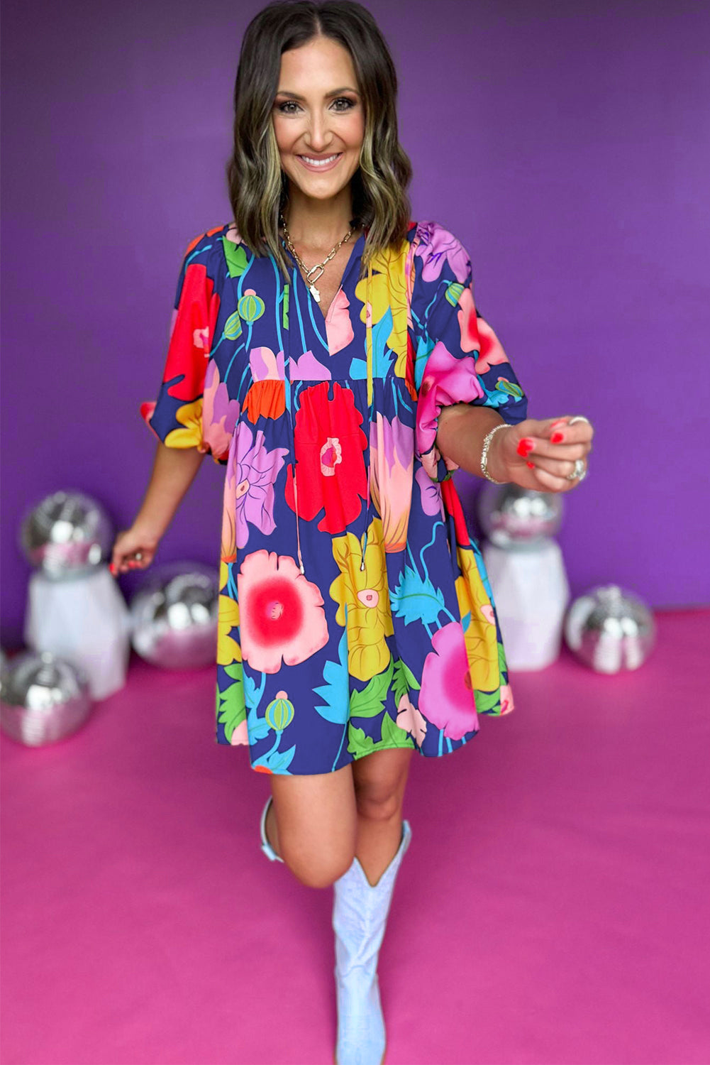 White Puff Sleeve Tied Split Neck Colorful Floral Flowy Dress