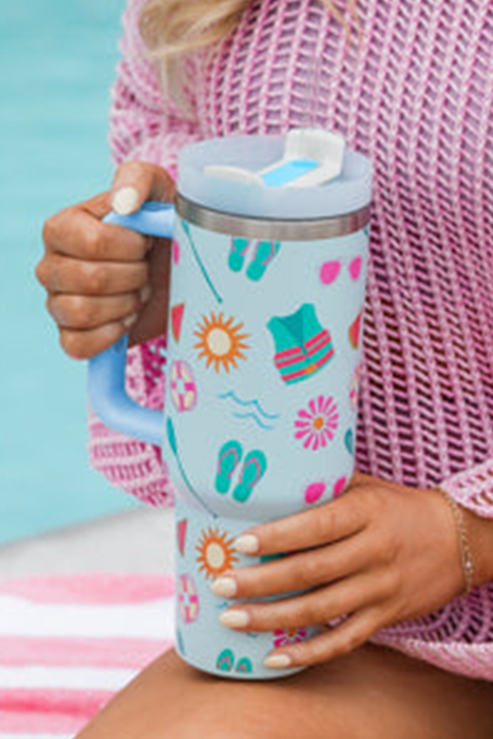 Light Blue Beach Fun Pattern Cup with Handle 40oz