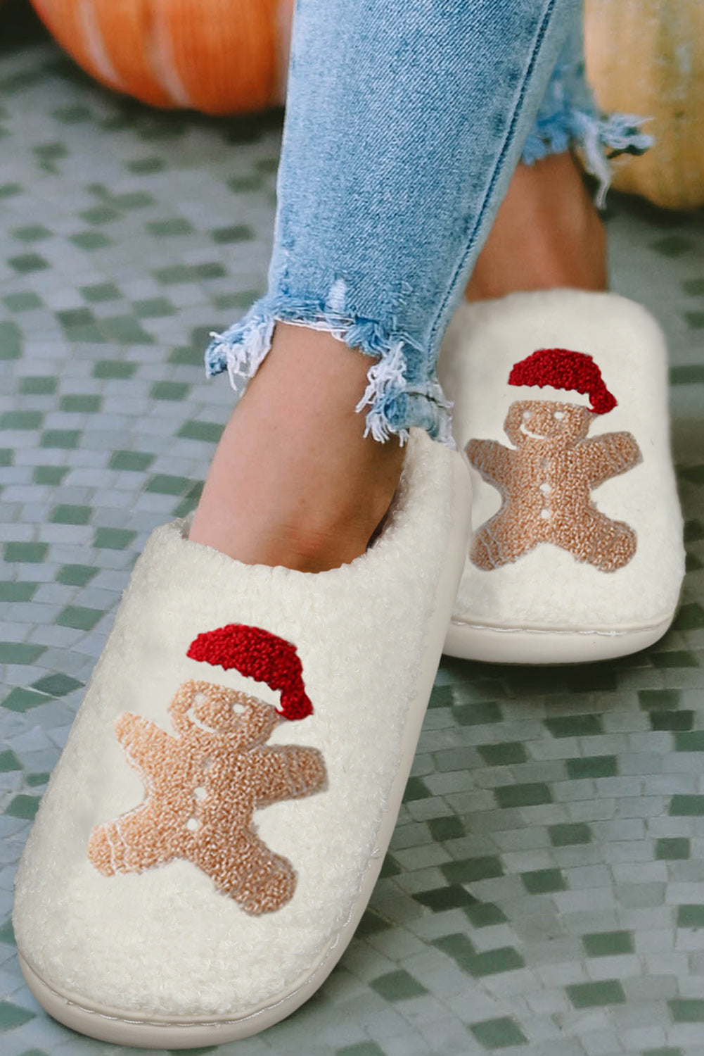 White Christmas Gingerbread Man Plush Slippers