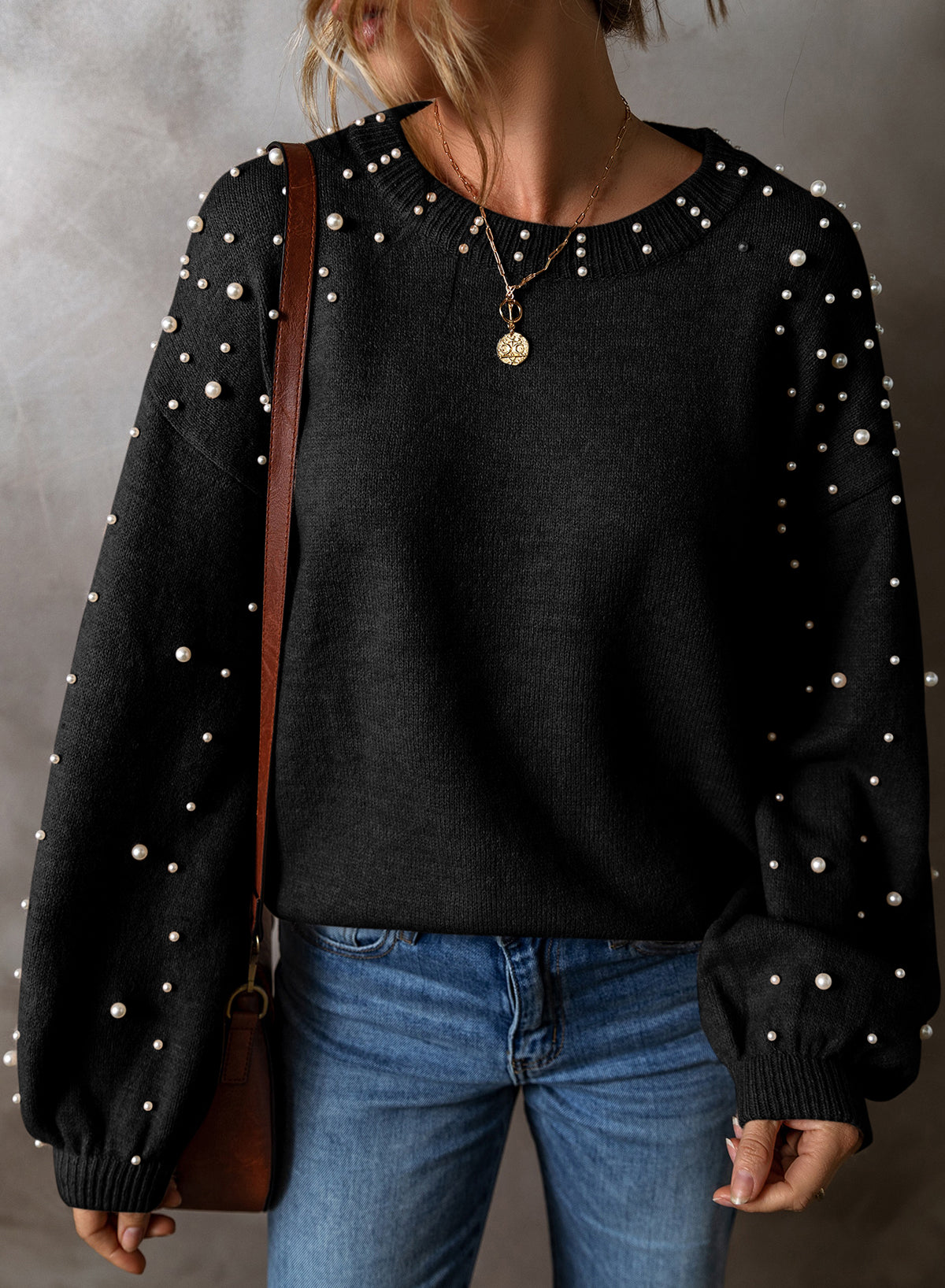 Black Pearl Drop Shoulder Round Neck Sweater