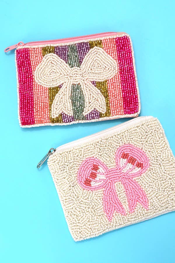 BOW RIBBON RAINBOW WHITE SEED BEAD HOLIDAY POUCH