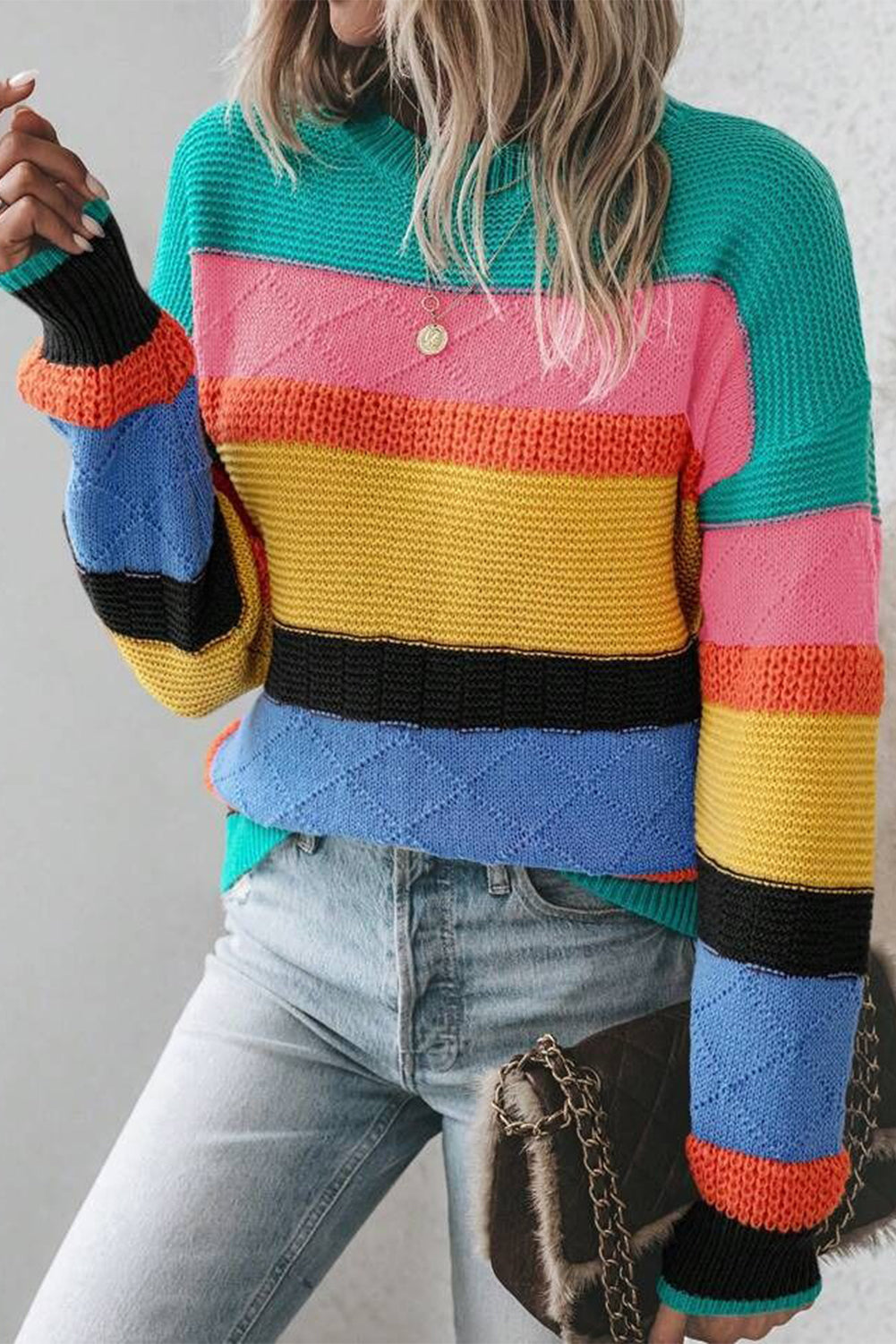 Yellow Colorblock Drop Shoulder Crew Neck Sweater