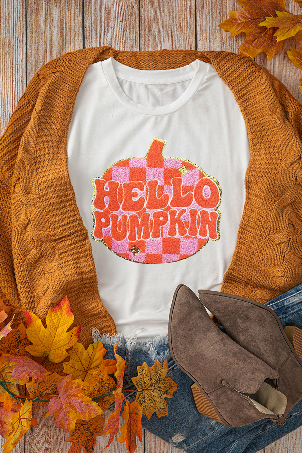 White Chenille Checkerboard Hello Pumpkin Patched Pattern Thanksgiving T Shirt