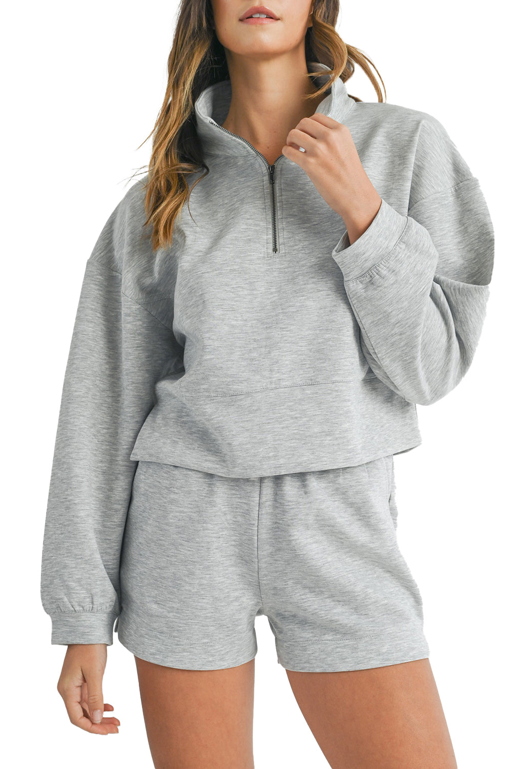 Light Grey Plain Quarter-Zip Pullover Top and Shorts Set