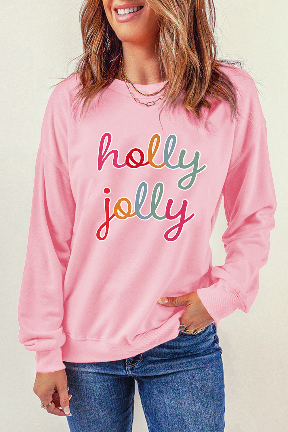 Pink holly jolly Printed Round Neck Sweatshirt